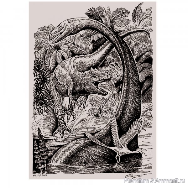юра, реконструкция, Archaeopteryx, Ceratosaurus, Diplodocus, Jurassic